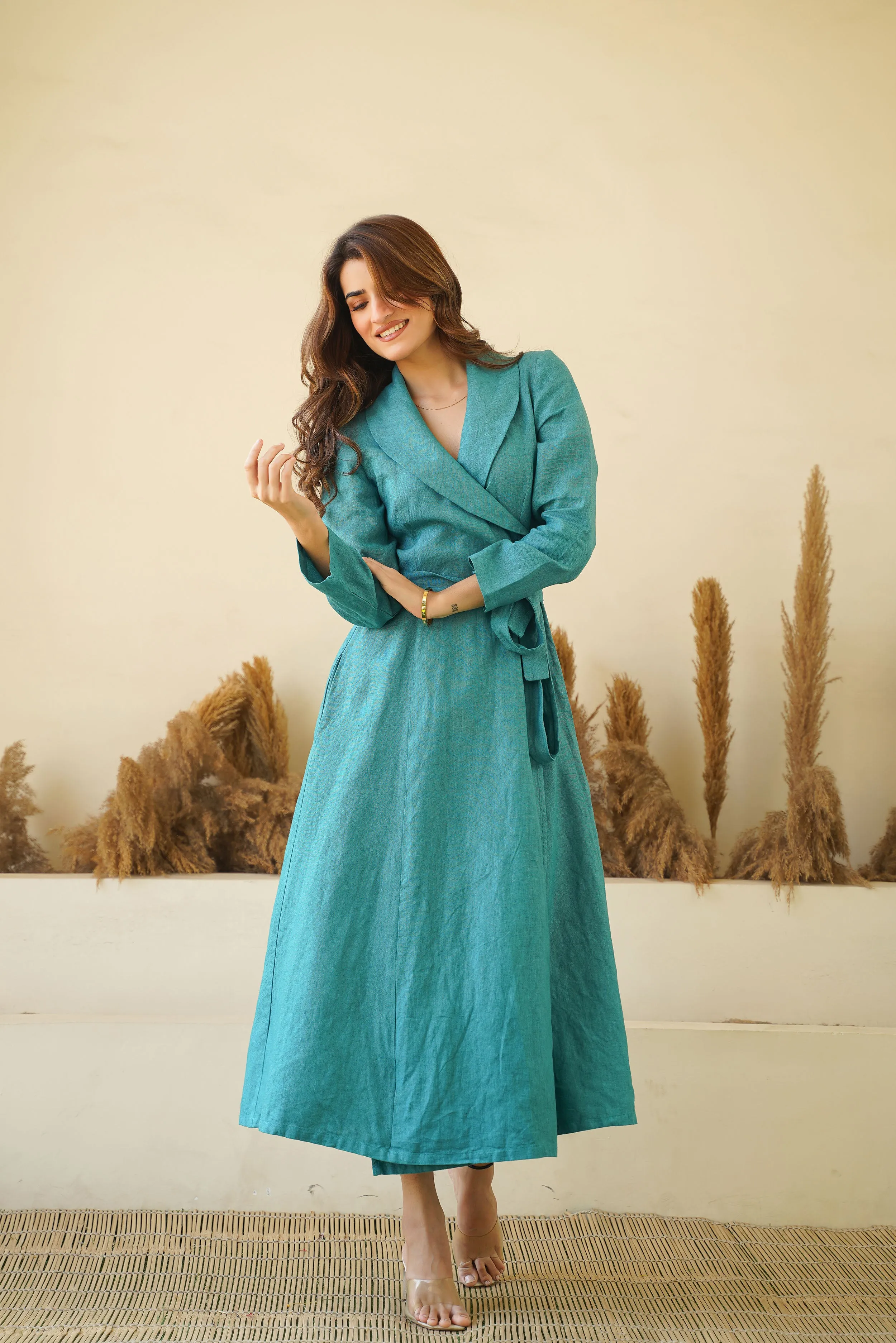 Teal Blue Elegance: Linen Wrap Dress with Shawl Collars, Full Sleeves & Waist Tie | Chic Linen Maxi Dress