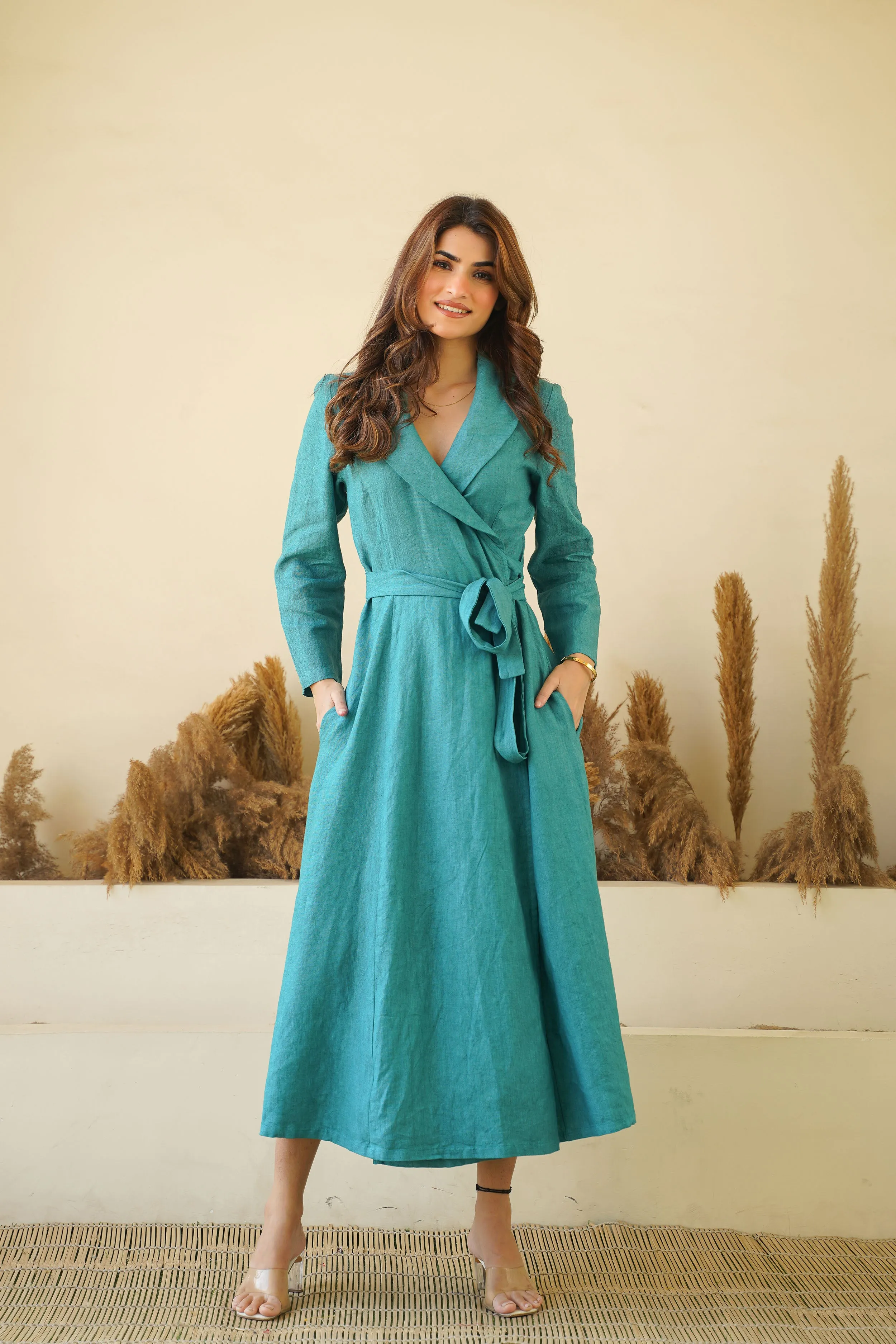 Teal Blue Elegance: Linen Wrap Dress with Shawl Collars, Full Sleeves & Waist Tie | Chic Linen Maxi Dress