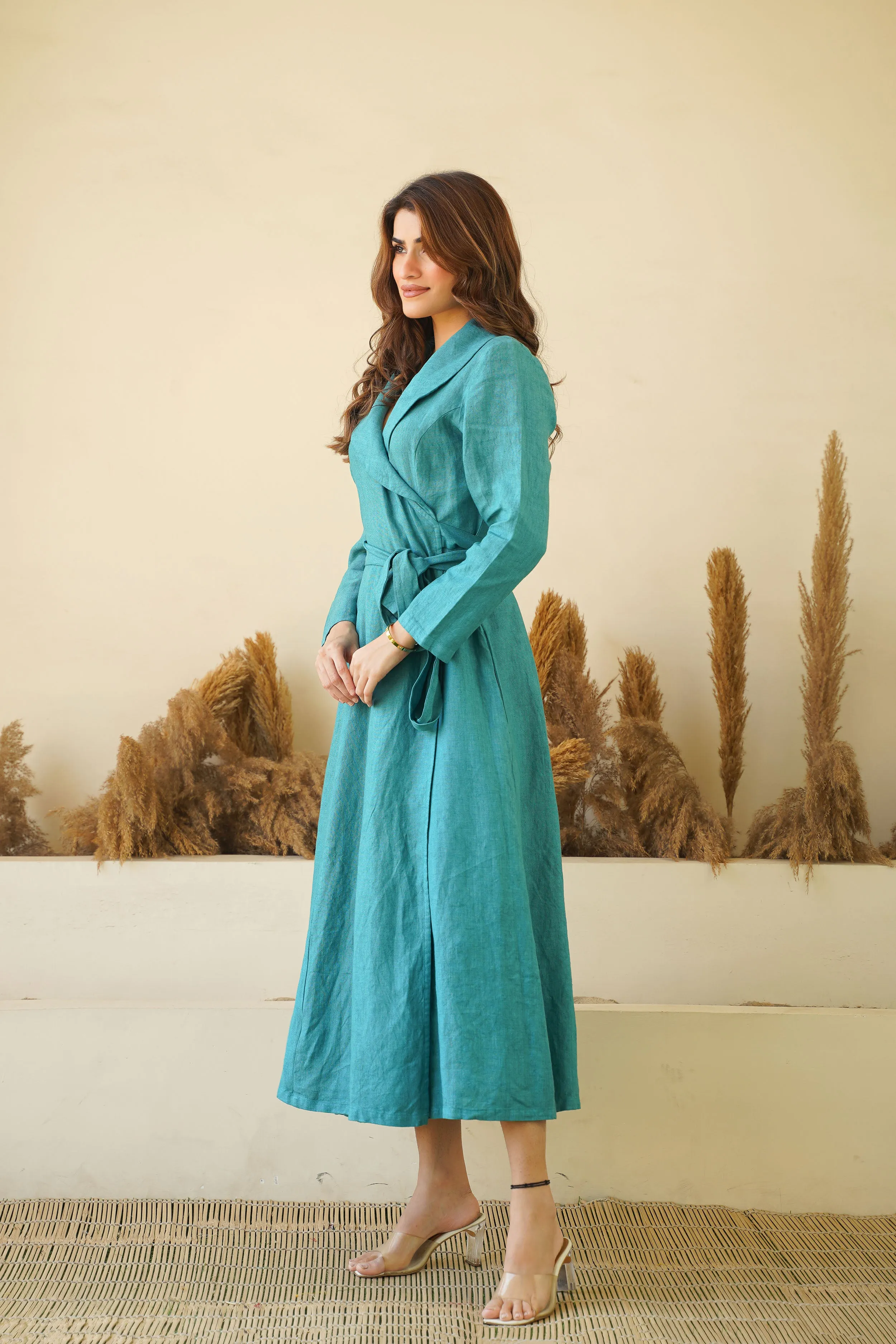 Teal Blue Elegance: Linen Wrap Dress with Shawl Collars, Full Sleeves & Waist Tie | Chic Linen Maxi Dress