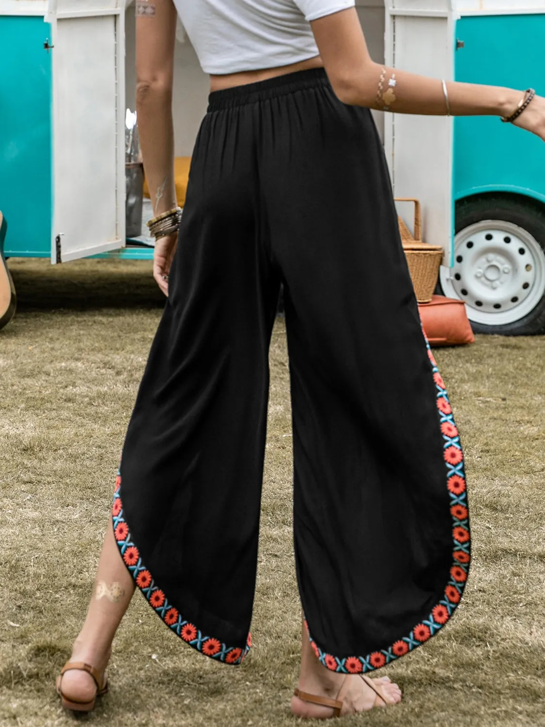 TEEK - Black Slit Elastic Waist Wide Leg Pants