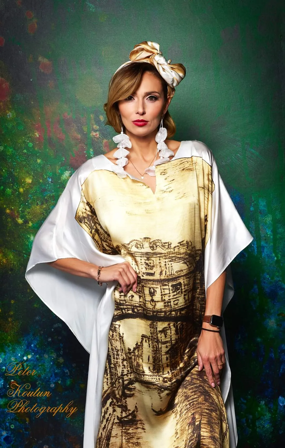 VENICE 100% Silk Maxi Art-A-Porte Caftan in Brown Beige