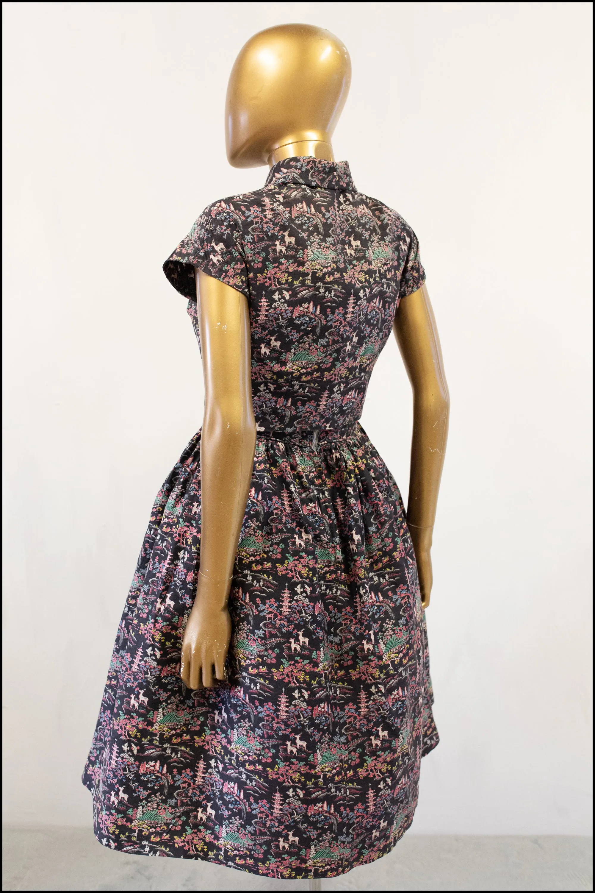 Vintage 1950s Black Japanese Print Cotton Dress Set