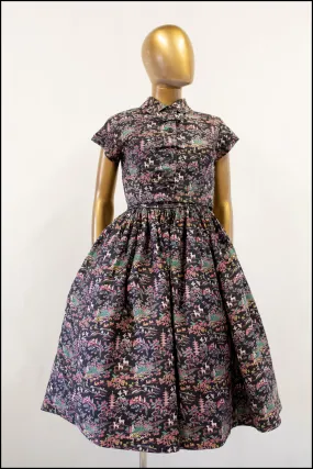 Vintage 1950s Black Japanese Print Cotton Dress Set