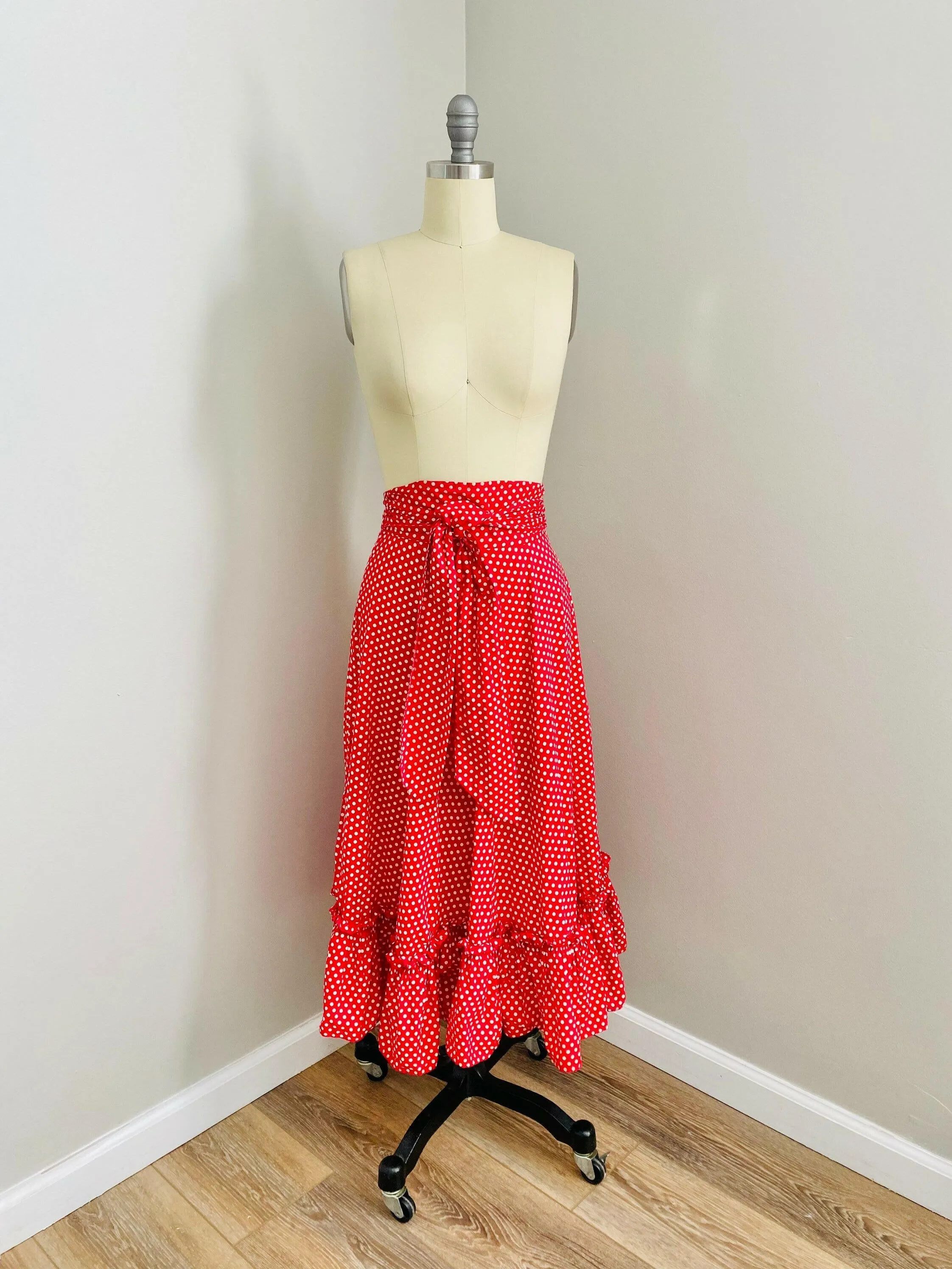 Vintage 1950s Red Polka Dot Cotton Maxi Skirt / 50s Serbin long peasant skirt Size S