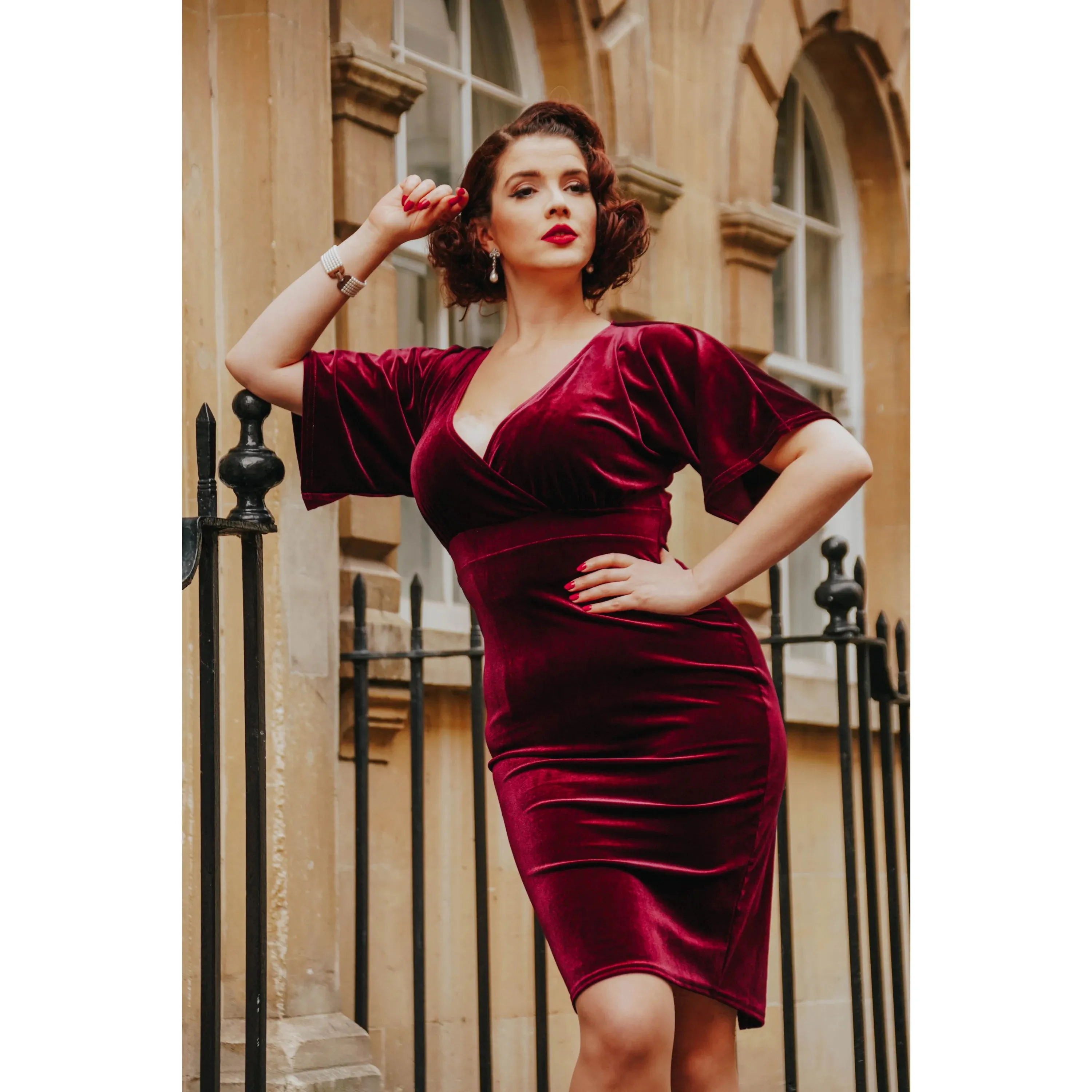 Wine Red Claret Velour Half Batwing Sleeve Crossover Top Wiggle Dress