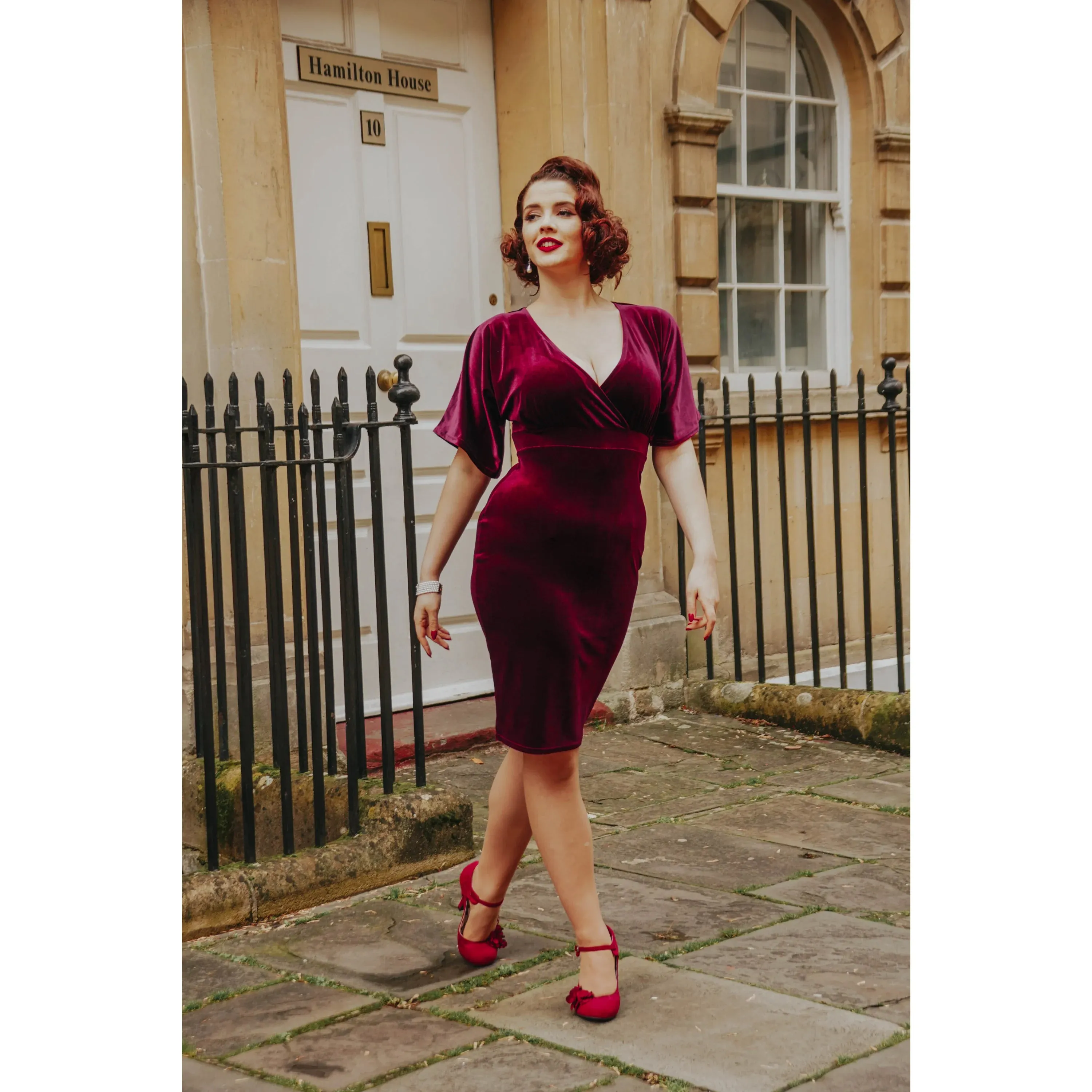 Wine Red Claret Velour Half Batwing Sleeve Crossover Top Wiggle Dress