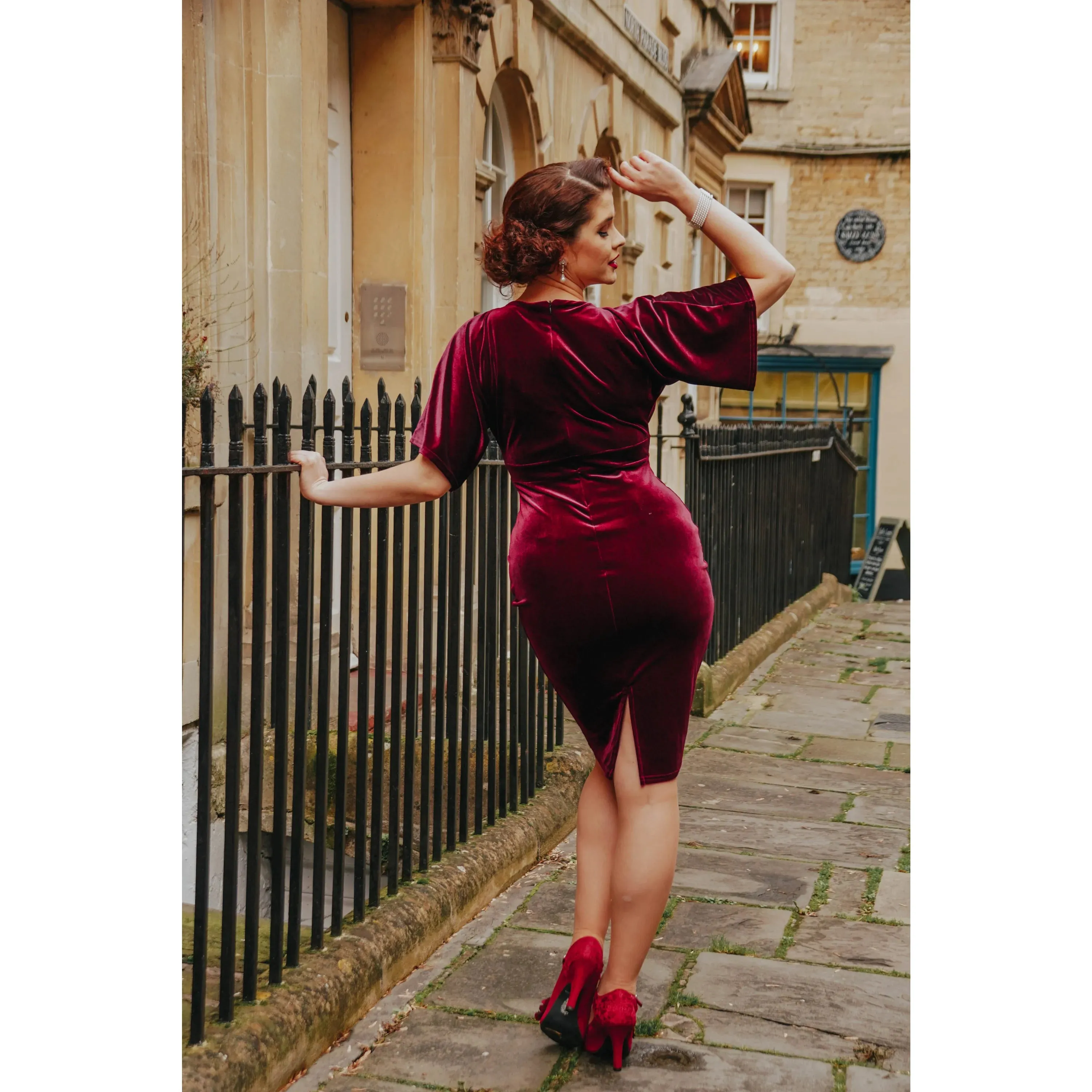 Wine Red Claret Velour Half Batwing Sleeve Crossover Top Wiggle Dress