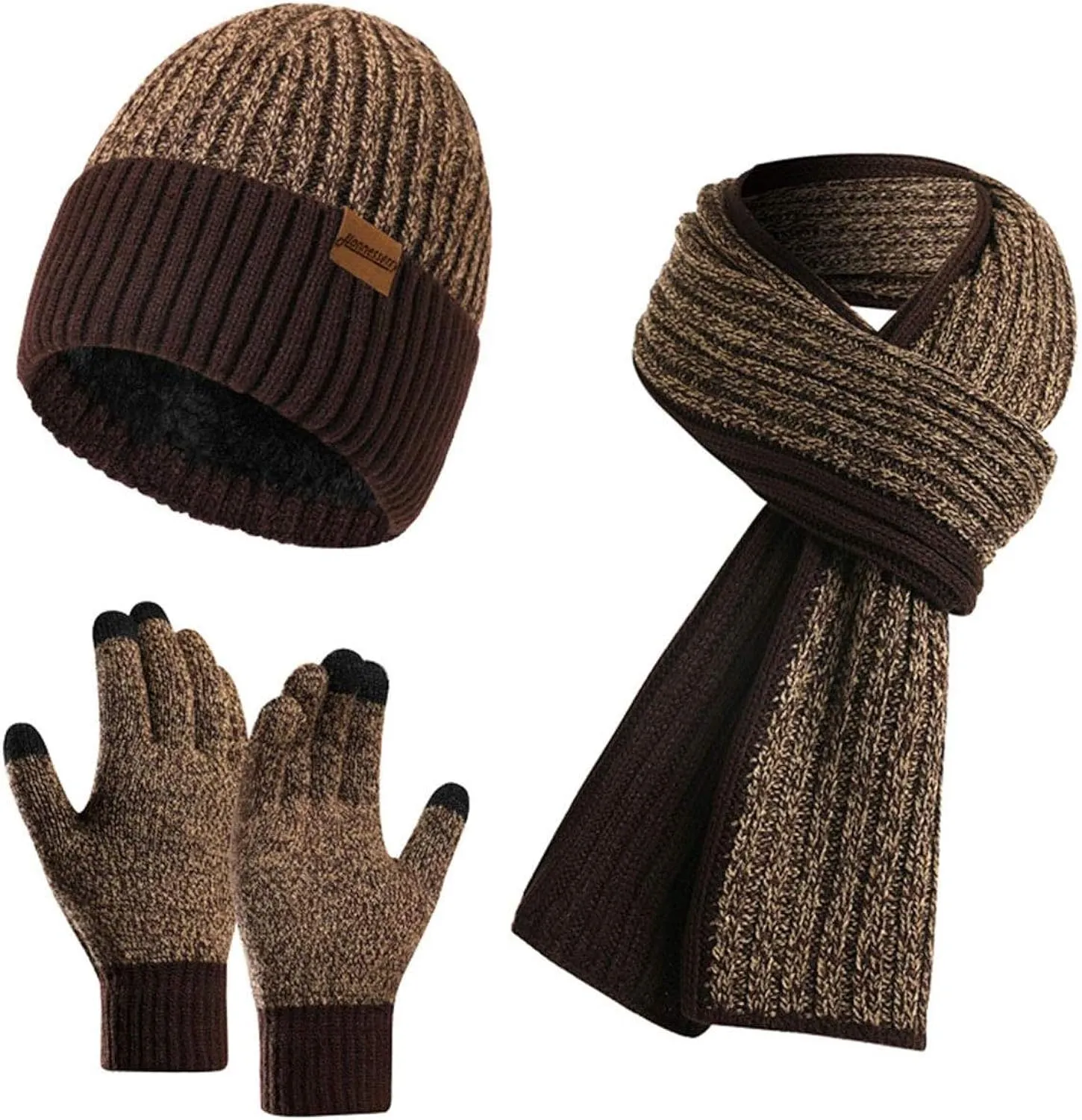 Winter Soft Black/Light Grey Thermal Knit Beanie Hat, Gloves & Scarf Set