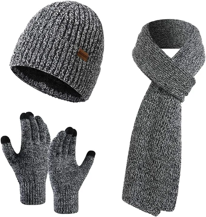 Winter Soft Black/Light Grey Thermal Knit Beanie Hat, Gloves & Scarf Set