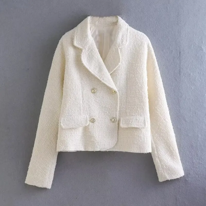 Wjczt Autumn Women Solid Tweed Textured Cropped Blazer Long Sleeve Double Breasted Jacket Coat Female Chic Tops XX8913