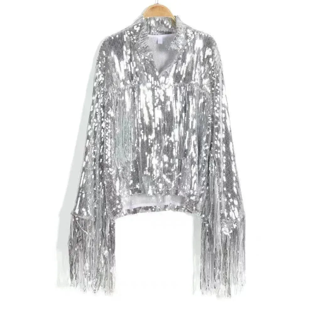 Women Fashion Long sleeve Tassel Sequin top jacket Y2K cropped jacket