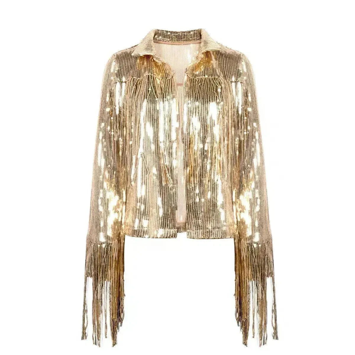 Women Fashion Long sleeve Tassel Sequin top jacket Y2K cropped jacket