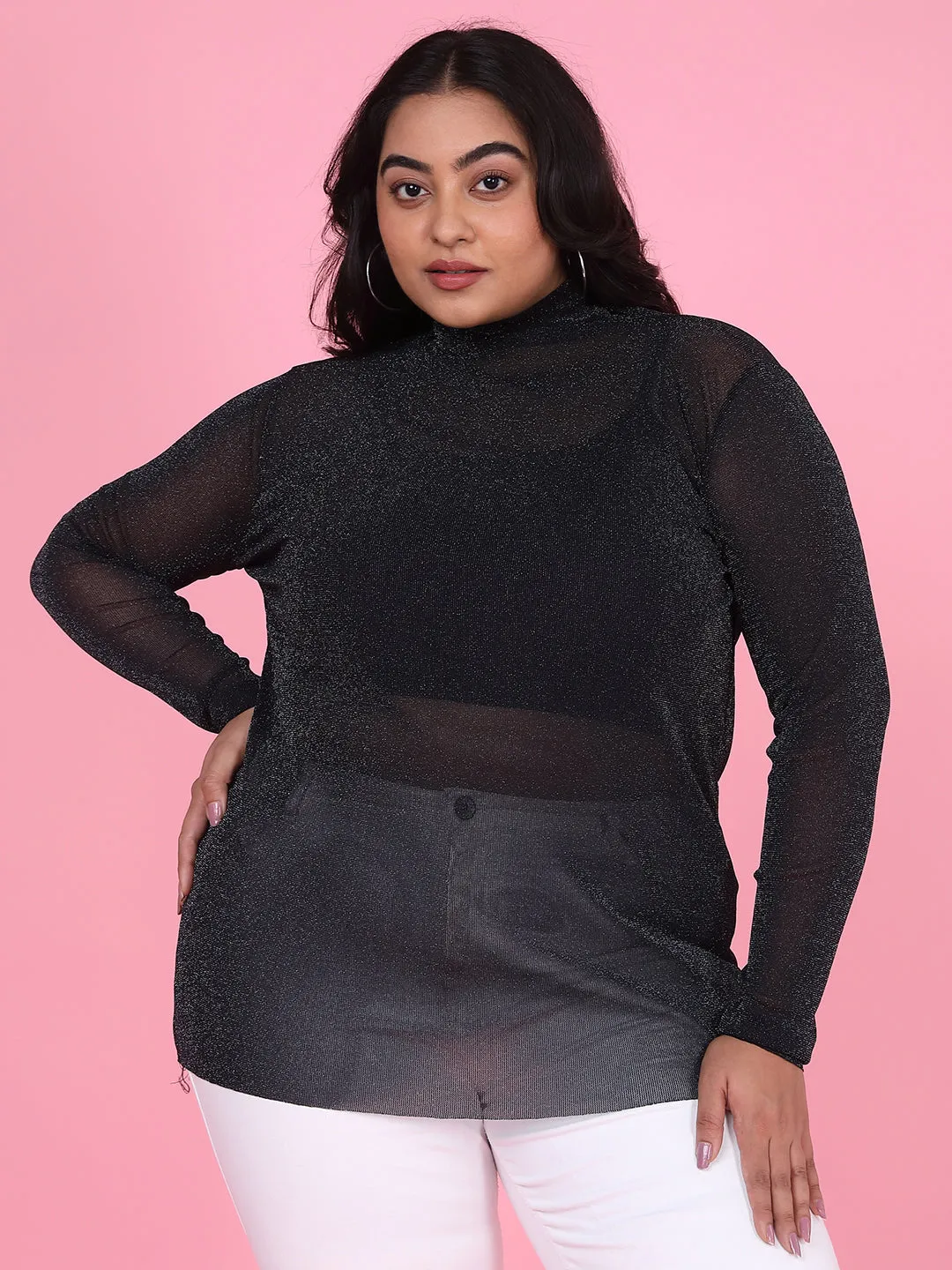 Women Solid Black Sheer Top