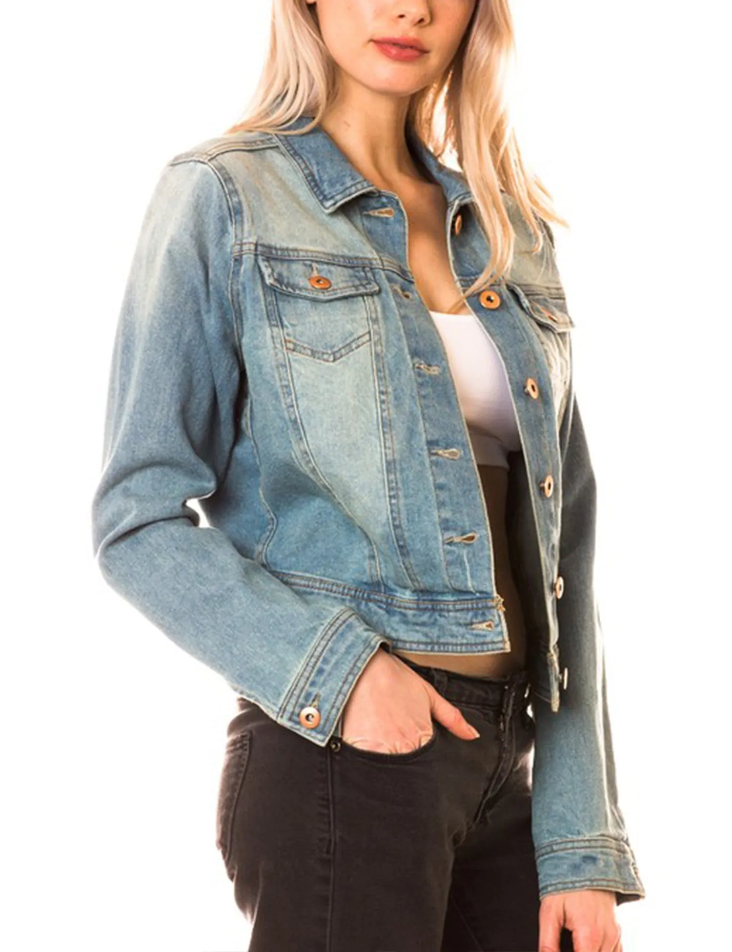 Women's Classic Long Sleeve Cropped Basic Denim Jacket