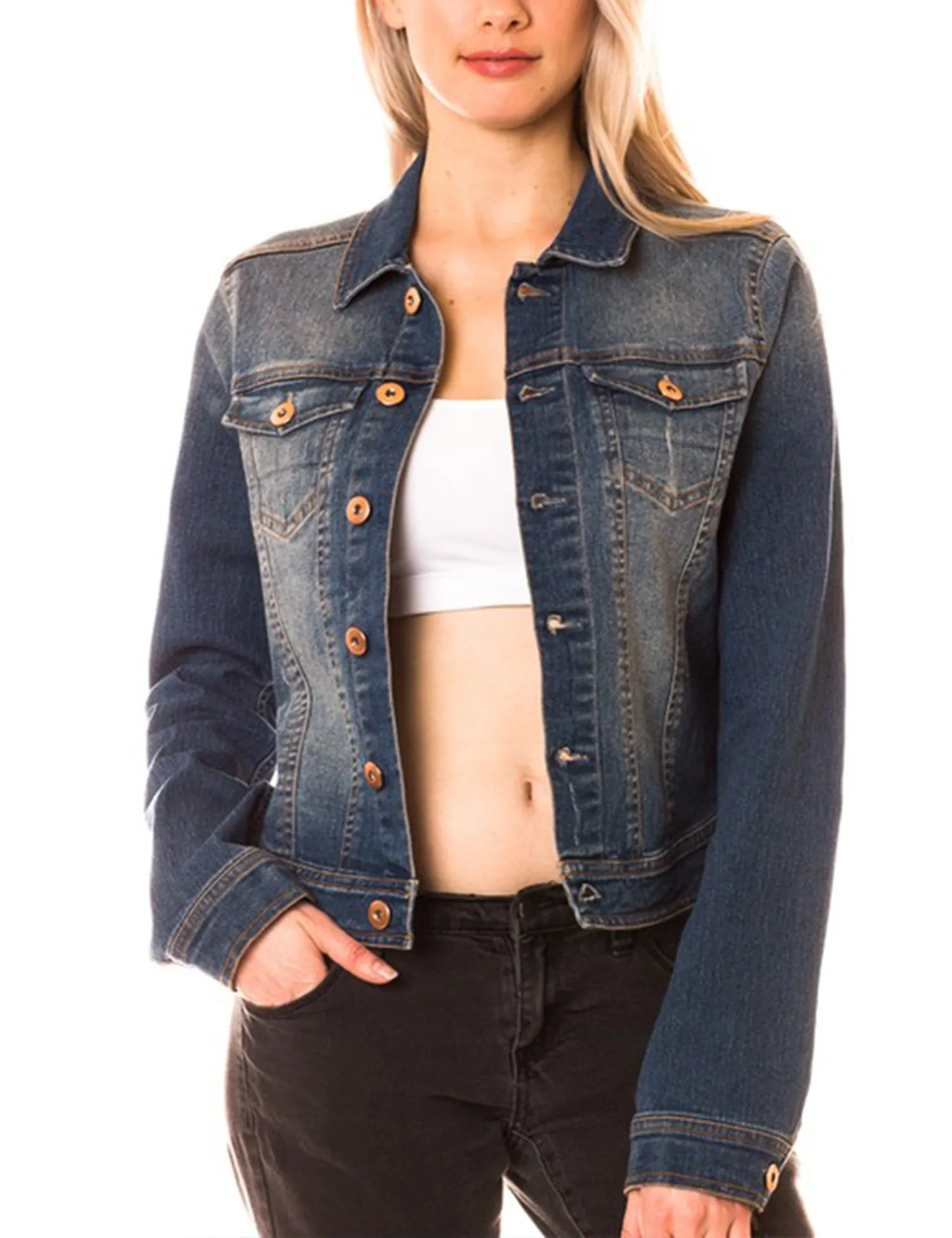 Women's Classic Long Sleeve Cropped Basic Denim Jacket