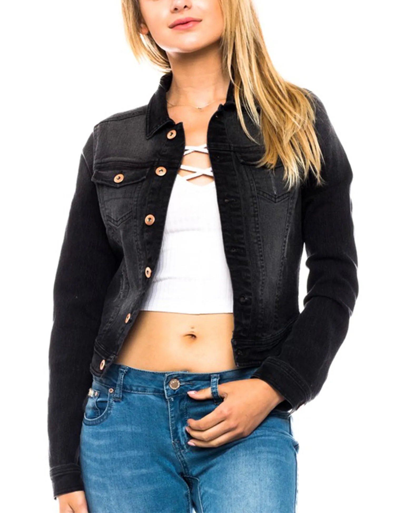 Women's Classic Long Sleeve Cropped Basic Denim Jacket