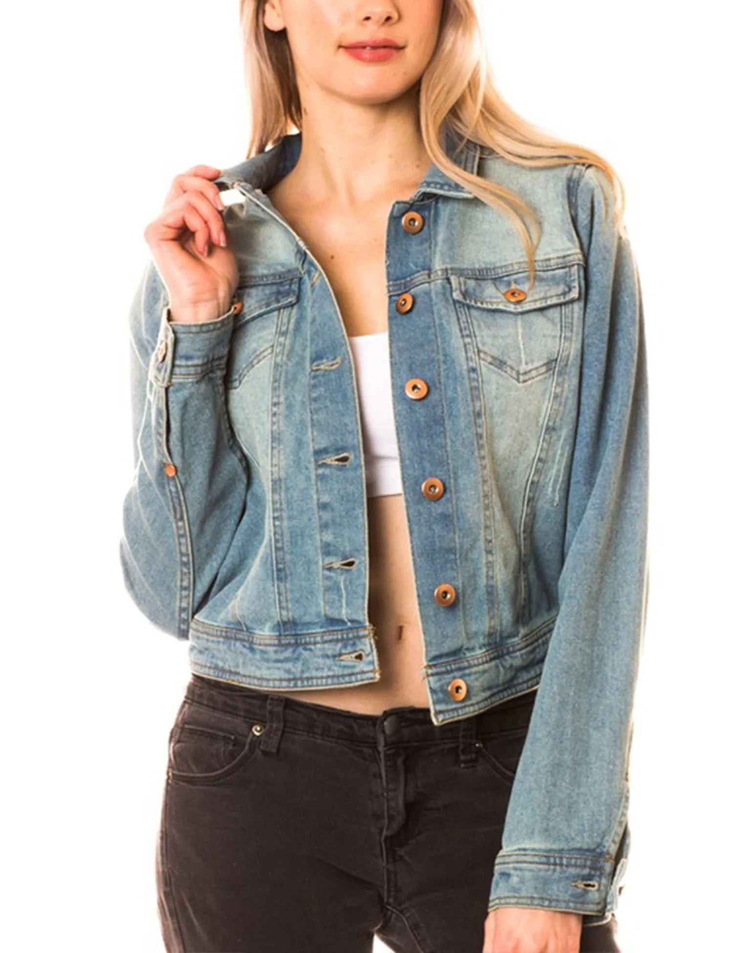 Women's Classic Long Sleeve Cropped Basic Denim Jacket