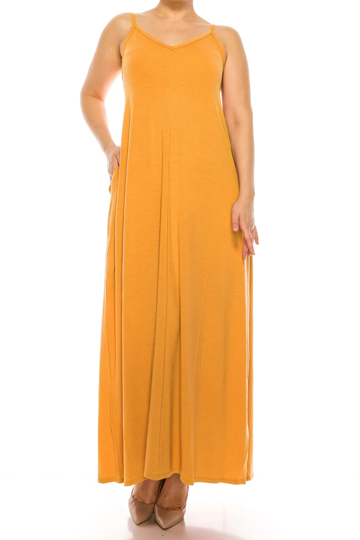 Women's Plus Size Casual Loose V-neck Sleeveless Long Cami Maxi Dress With Side Pocket