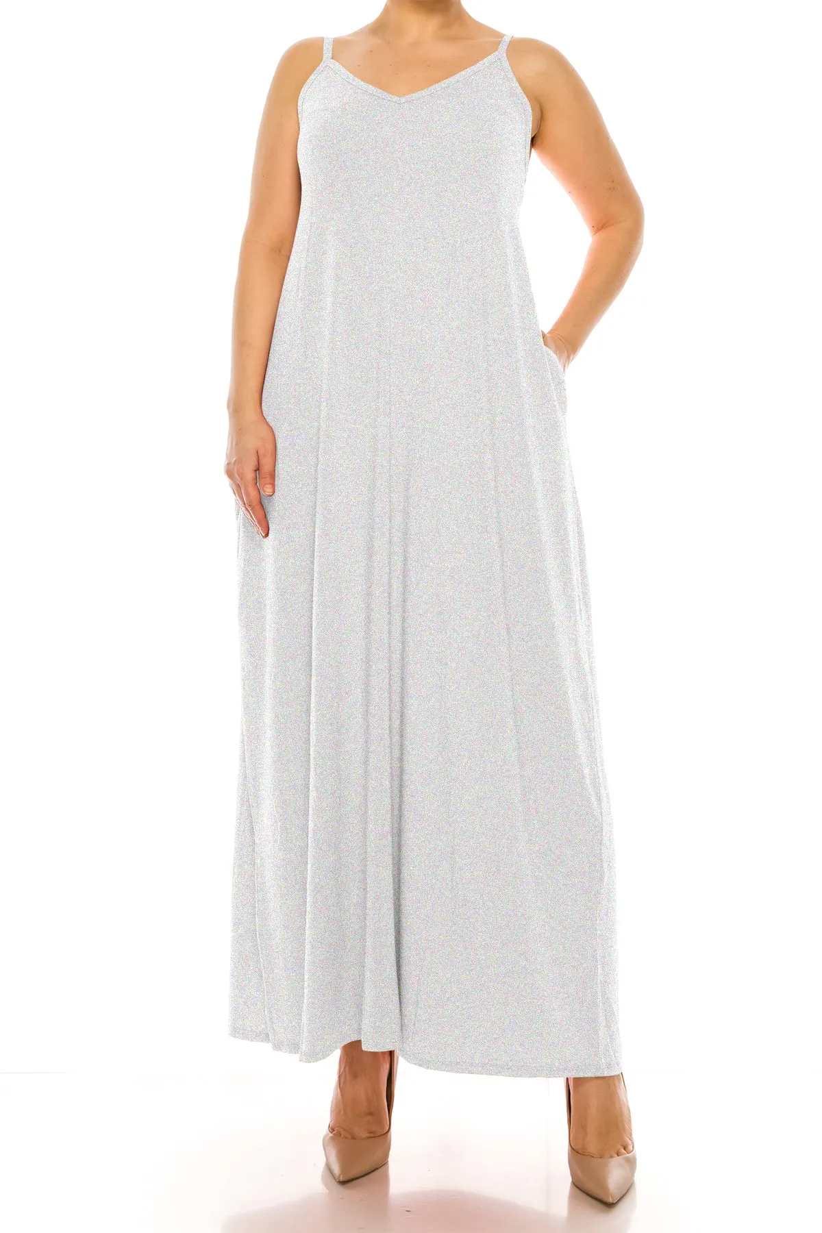 Women's Plus Size Casual Loose V-neck Sleeveless Long Cami Maxi Dress With Side Pocket