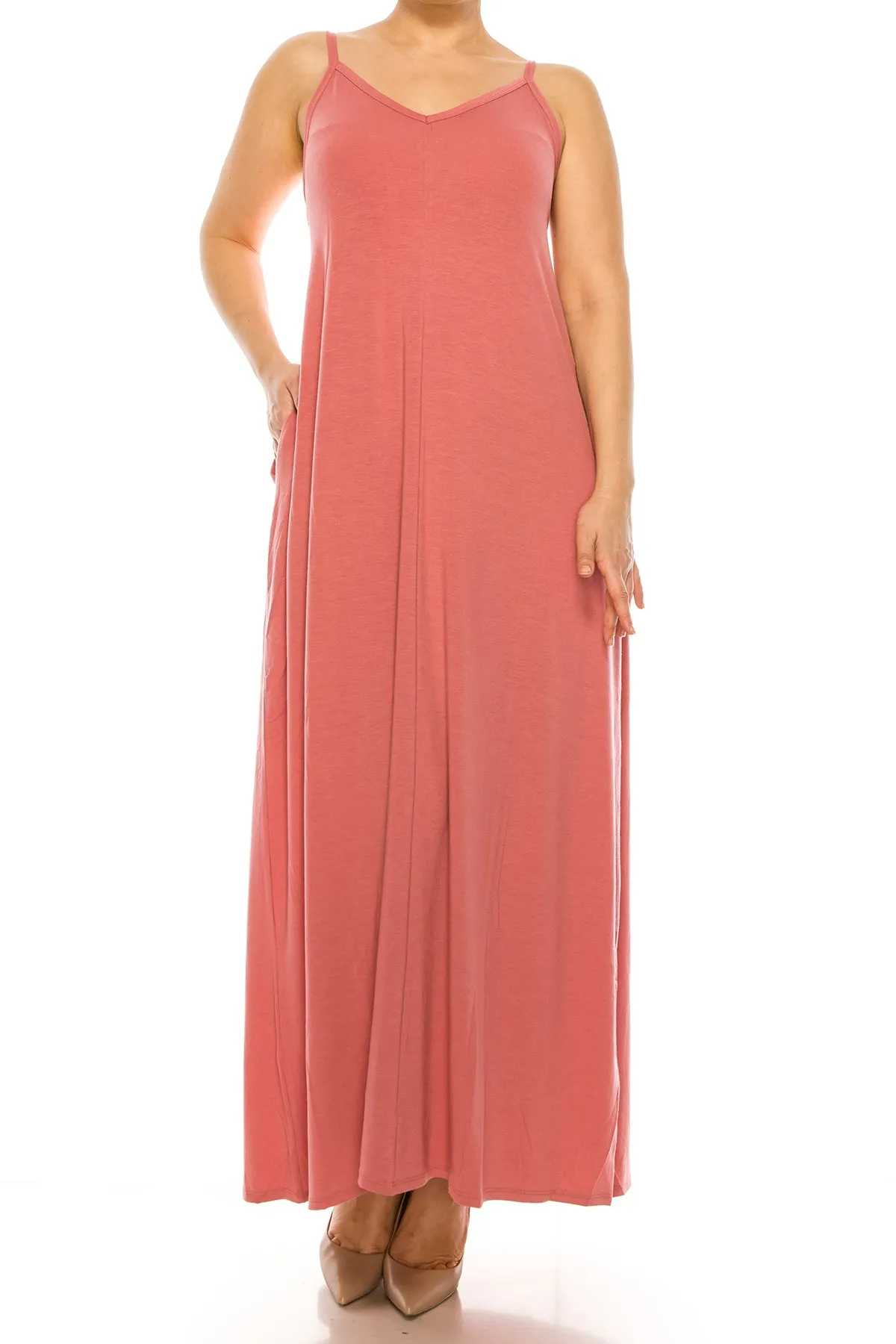 Women's Plus Size Casual Loose V-neck Sleeveless Long Cami Maxi Dress With Side Pocket