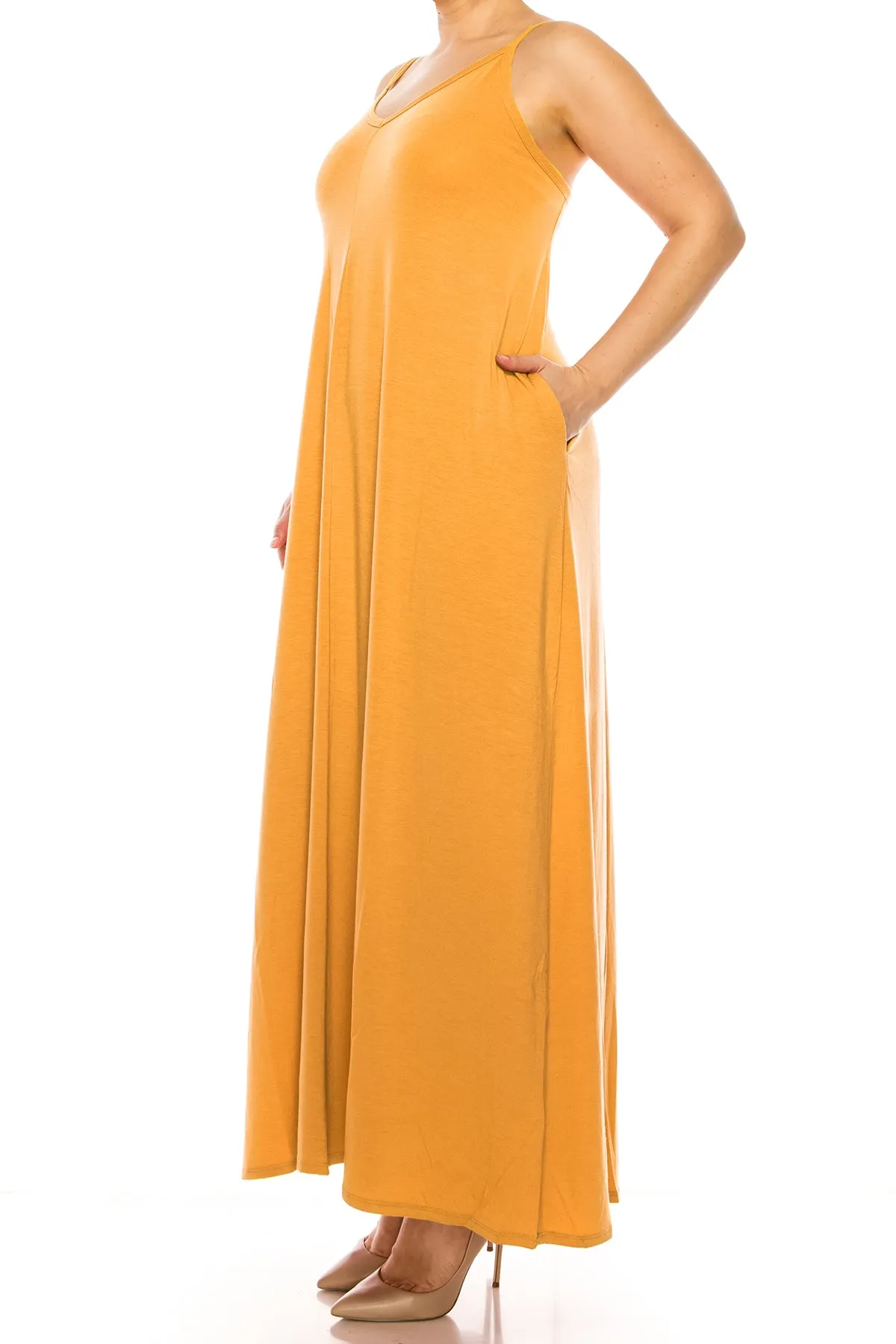 Women's Plus Size Casual Loose V-neck Sleeveless Long Cami Maxi Dress With Side Pocket