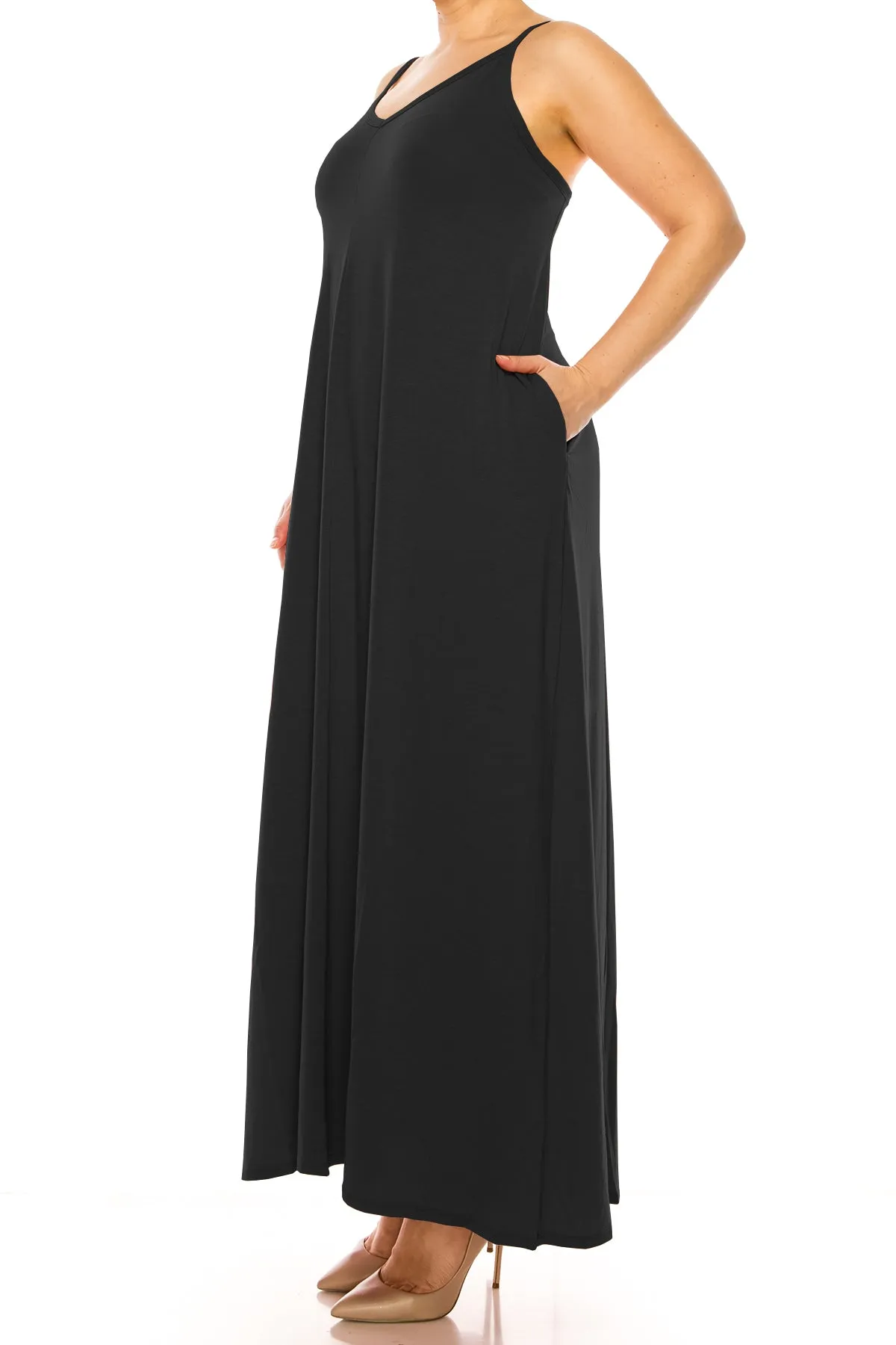 Women's Plus Size Casual Loose V-neck Sleeveless Long Cami Maxi Dress With Side Pocket