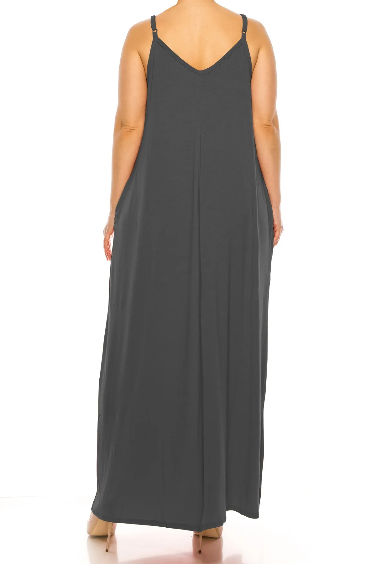 Women's Plus Size Casual Loose V-neck Sleeveless Long Cami Maxi Dress With Side Pocket