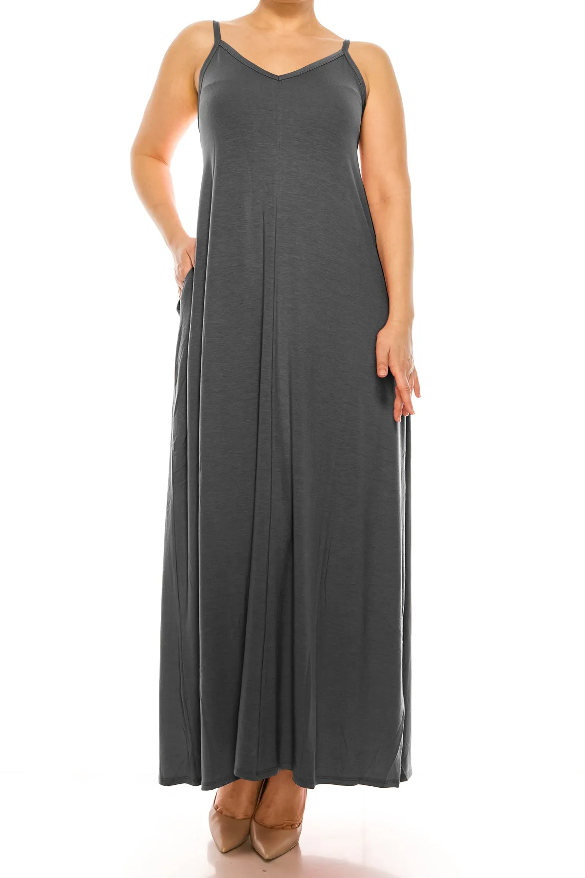 Women's Plus Size Casual Loose V-neck Sleeveless Long Cami Maxi Dress With Side Pocket