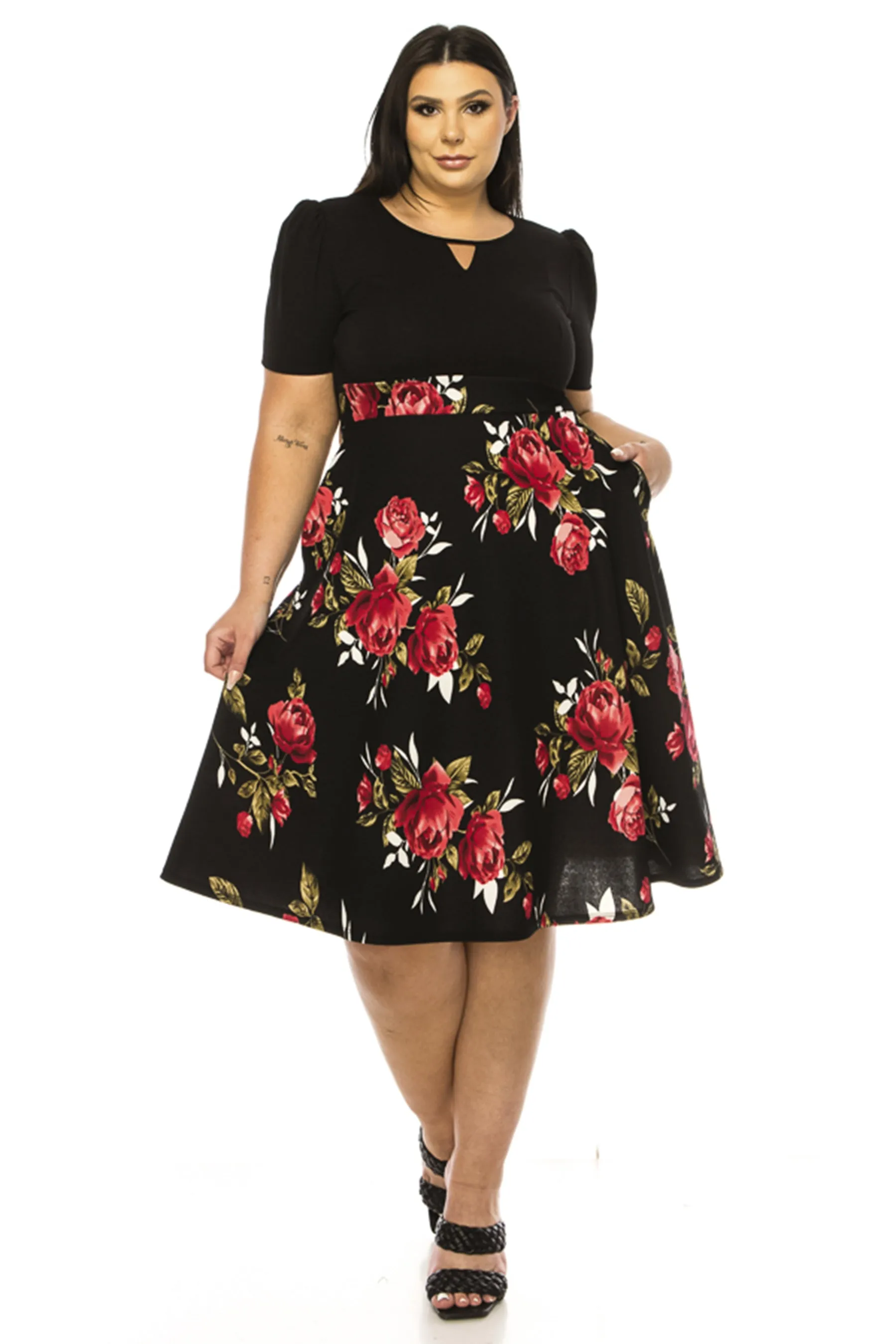 Women's Plus Size Knee-length Color Block Dress with Pockets