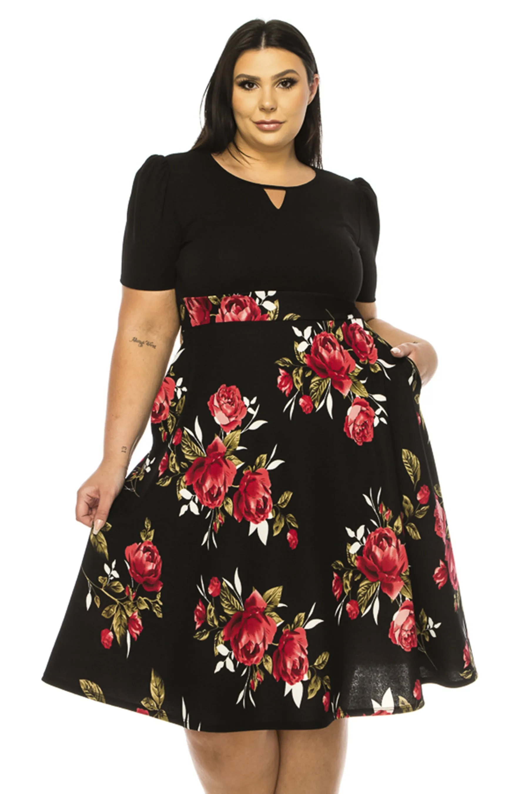 Women's Plus Size Knee-length Color Block Dress with Pockets