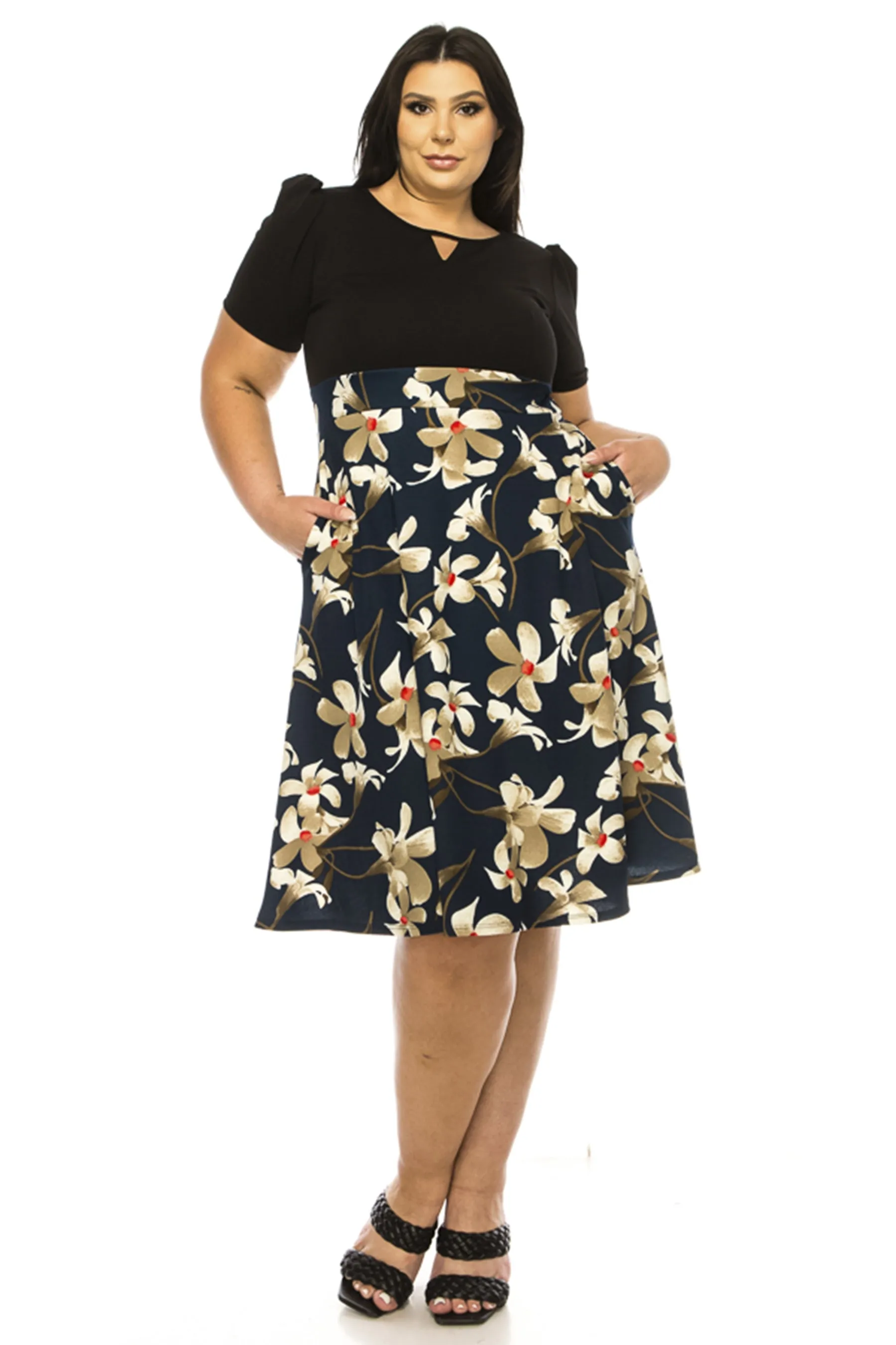 Women's Plus Size Knee-length Color Block Dress with Pockets