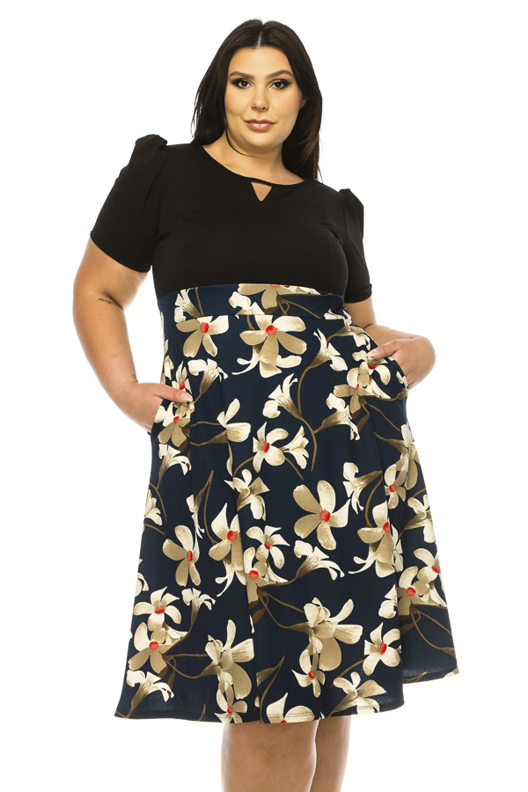 Women's Plus Size Knee-length Color Block Dress with Pockets